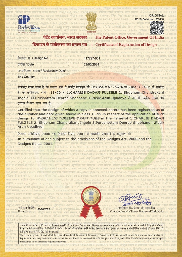 Design Patent Certificate – Hydraulic Turbine Draft Tube, No. 417797-001, issued by the Patent Office, Government of India